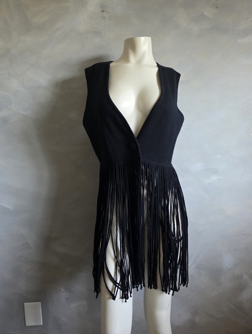 Black Vtg 70s Wool Single Button Long V neck Tassel Fringe Vest Sz S Western